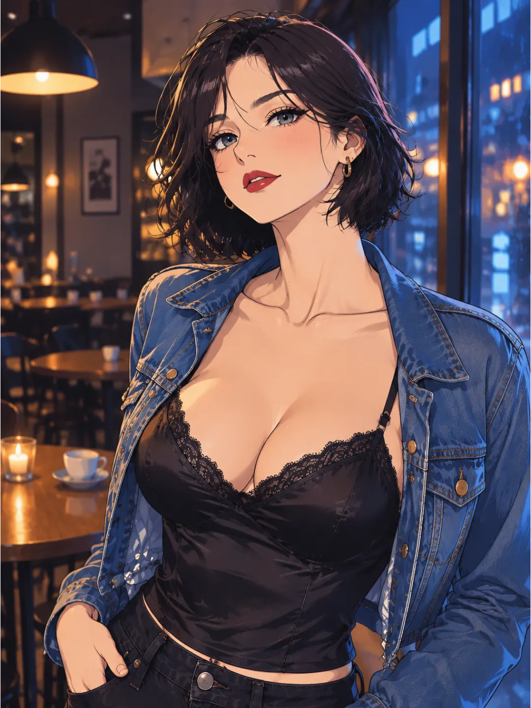 Femme fictive adulte en style anime, carré sombre et veste en jean, dans le même café.