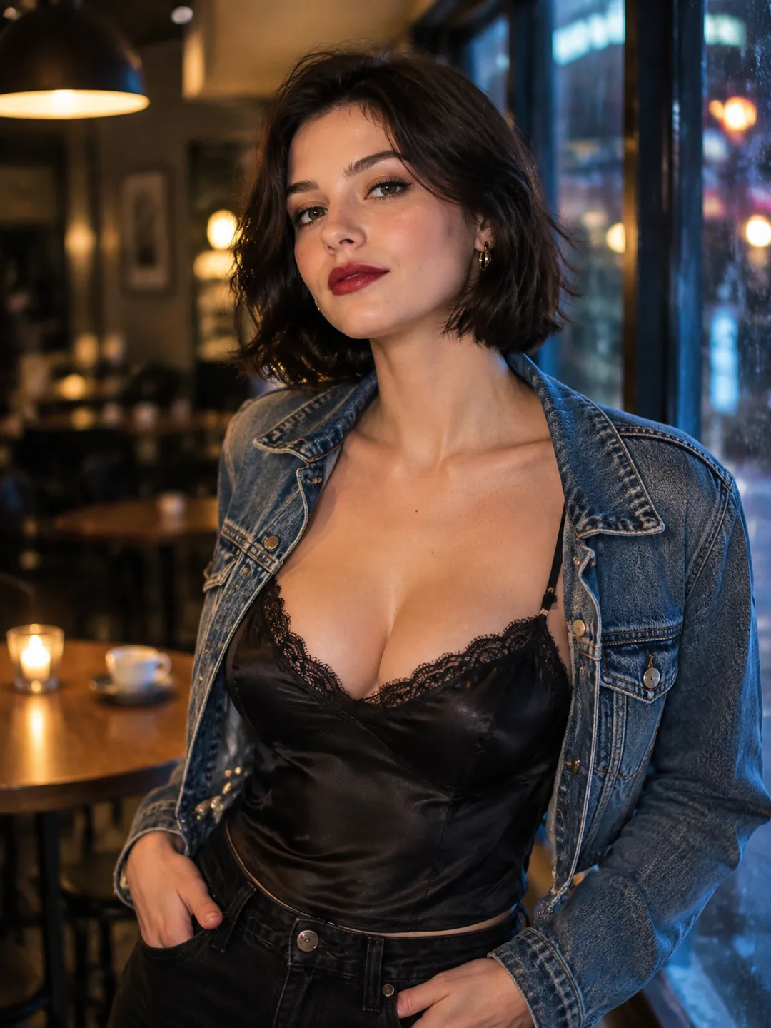 Femme fictive adulte réaliste, carré sombre et veste en jean, près d’une fenêtre de café.